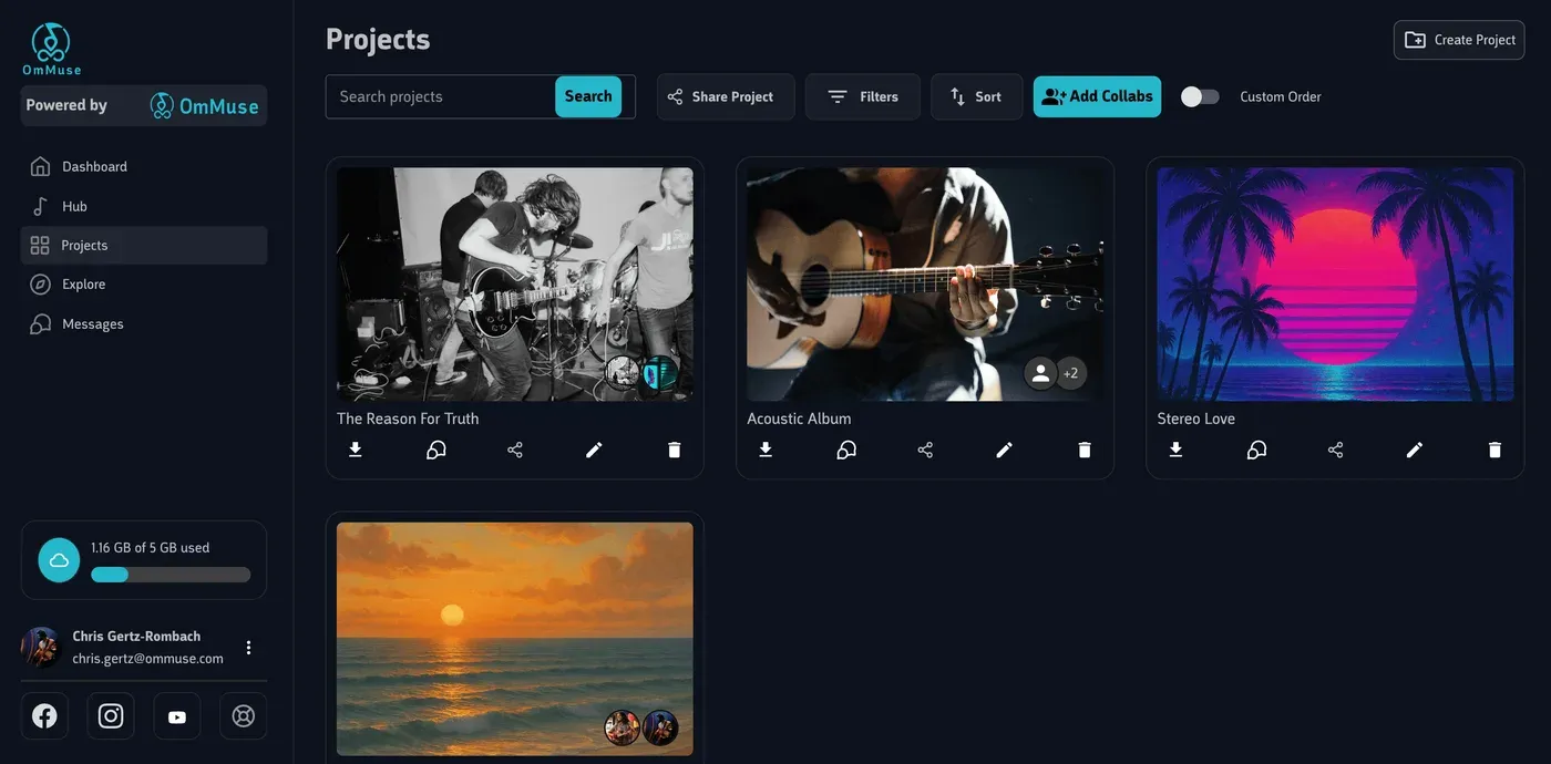 A Projects view with album artwork, per-project actions, and an organisation storage meter.